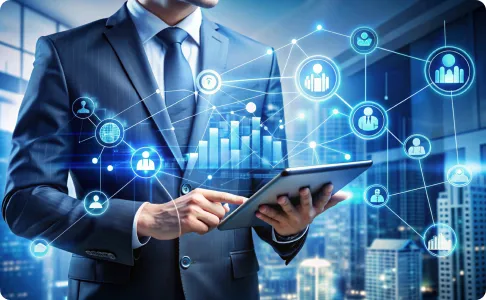 Homme d’affaires utilisant une tablette entouré d’icônes de réseau