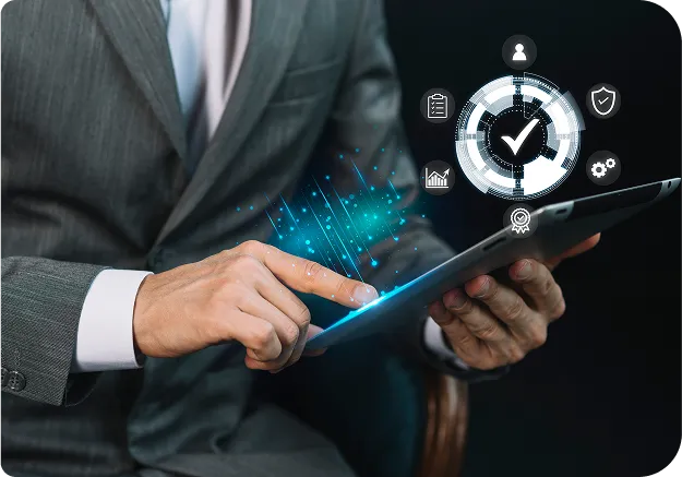 Homme d’affaires manipulant une tablette et des indicateurs
